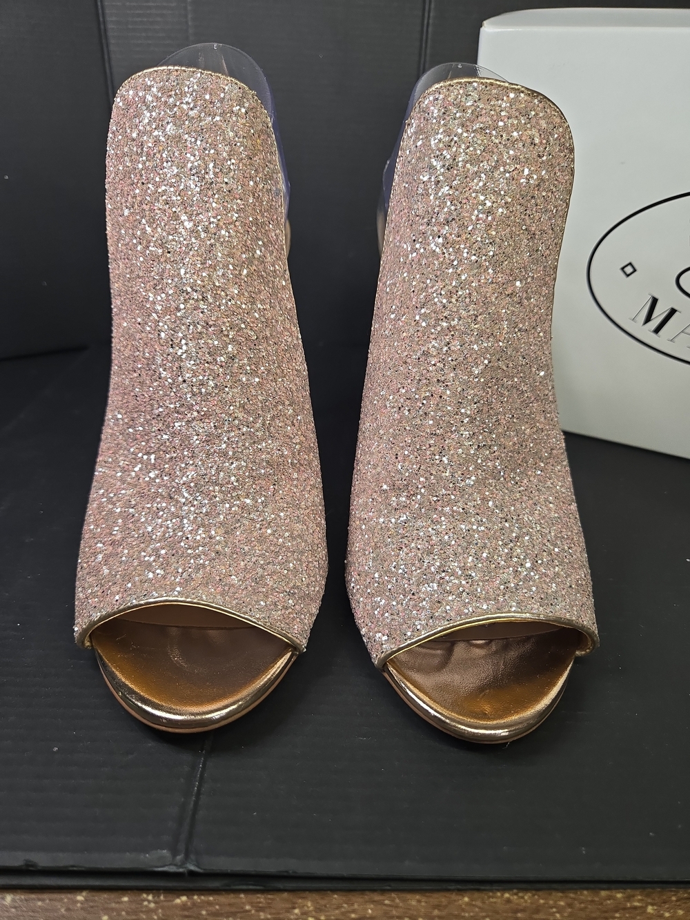 Steve Madden Sinful Rose Gold Glitter Peep-Toe Stiletto Heels